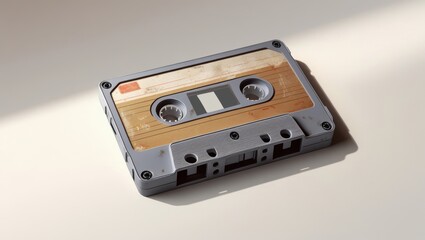 Fototapeta premium Vintage audio cassette tape with a worn label on a beige surface under soft lighting