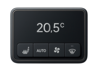 Compact dashboard display with matte finish and dedicated climate control buttons