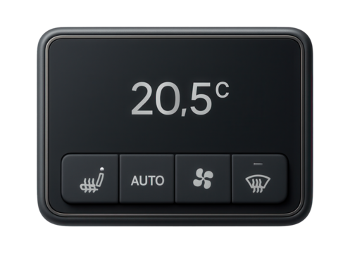 Compact dashboard display with matte finish and dedicated climate control buttons