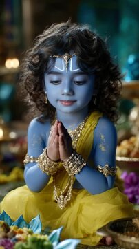 Sacred Krishna ceremony: adorable lord, young child, smiling baby, Hindu dress, yellow garment, blue skin, divine figure, Janmashtami birth, Rohini celebration, Jayanti toddler, Gokulashtami