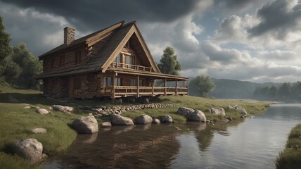 Fototapeta premium a modern wooden house on the river surrounded by lush greenery 