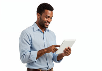 Smiling african american man in a light blue shirt using a tablet computer against a white background