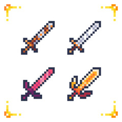Set of pixel art swords icons. Progression of quality and level of swords for 2d arcade, rpg games. Basic, rusty, iron, steel, legendary, reinforced, mythical, epic shields. 16x16 pixels.