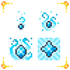 Pixel art icon of precious magic stone with effect. Progression of quality and level of artifact, stone for 2d arcade, rpg games.