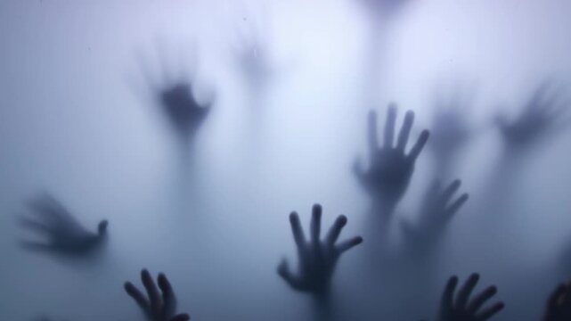Silhouette of halloween zombie or ghost hands reaching out behind frosted glass