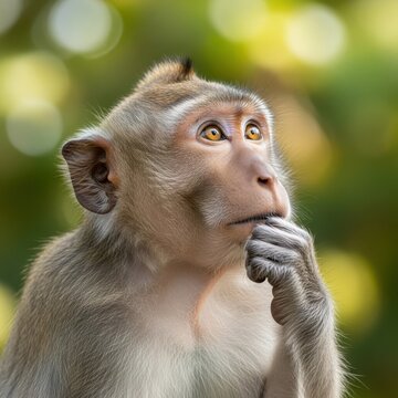 Pensive monkey thinking deeply looking up