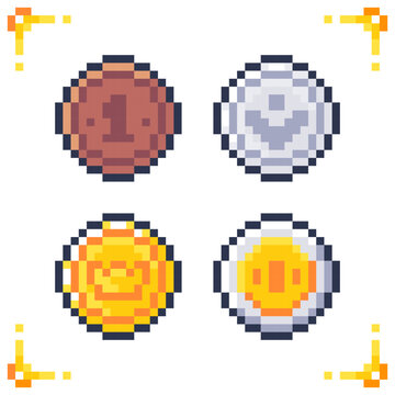Set of pixel art coin icons. Bronze, silver, golden coins. 16x16 pixels.