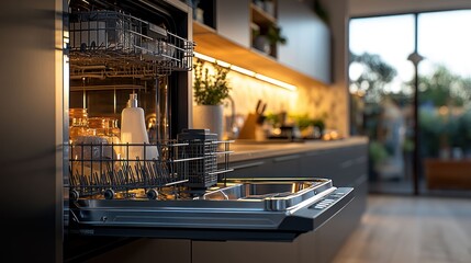 Open dishwasher in a modern kitchen