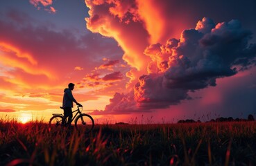 Fototapeta premium A person riding a bicycle during a vibrant sunset with dramatic clouds in the sky