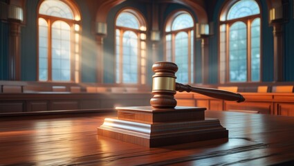 Wooden gavel on a judge's desk in an empty courtroom with sunlight streaming through arched windows