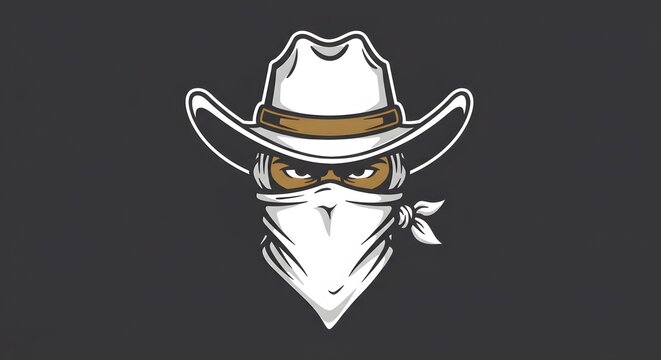 An illustration of a masked cowboy bandit wearing a white hat and bandana with intense eyes against a dark background