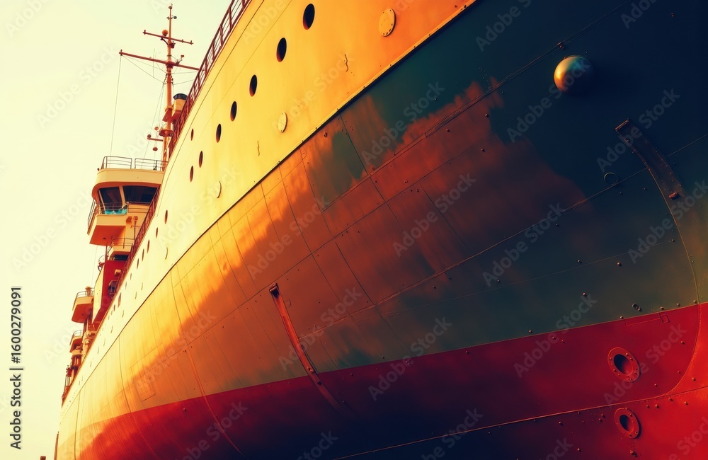 Poster close-up view of a large ship's hull with vibrant colors and detailed structure