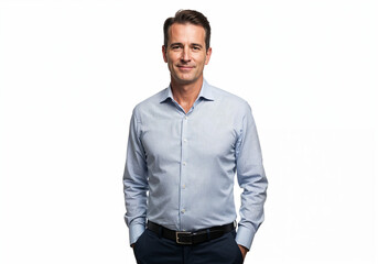 Fototapeta premium Smiling middle aged businessman in a light blue patterned dress shirt and dark pants with hands in pockets