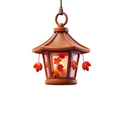 Obraz premium A hanging lantern with a candle inside and red leaf decorations on transparent background