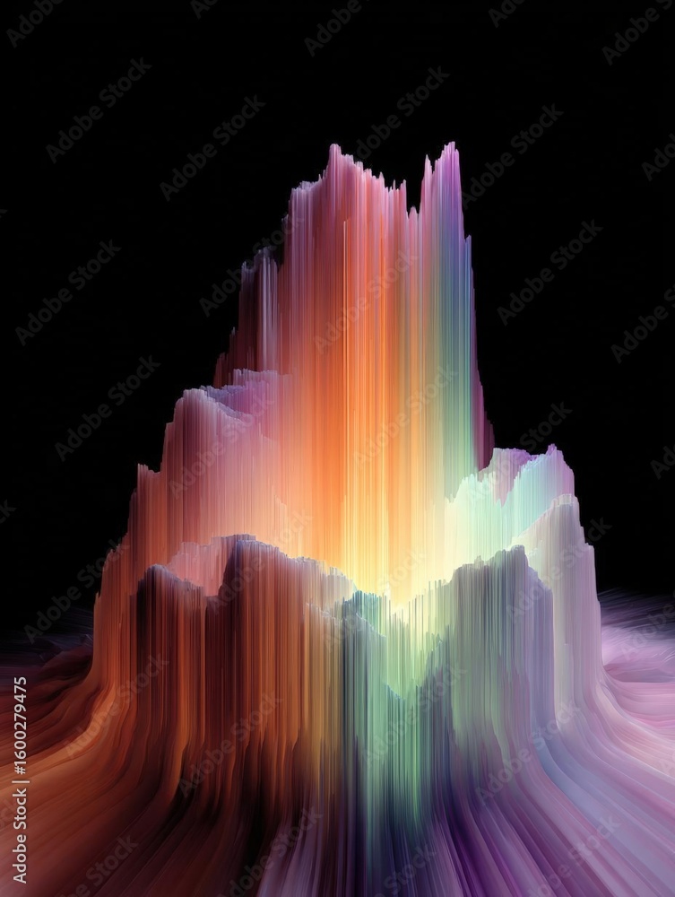 Poster abstract digital art piece that appears to be a 3d rendering of a mountain peak. the peak is made up