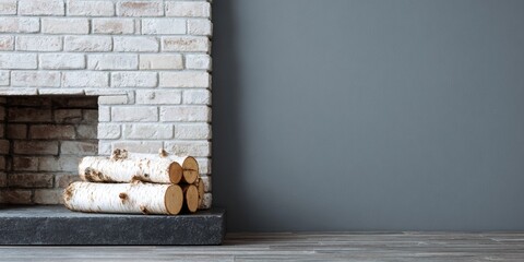 Fireplace with birch logs against a gray wall background