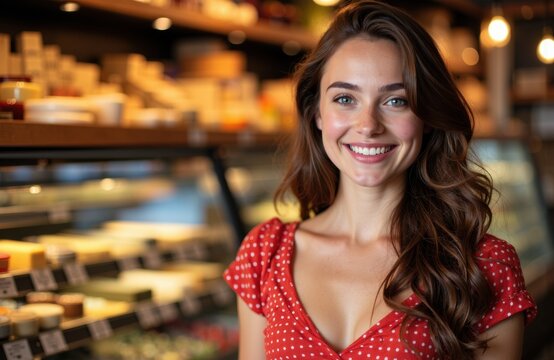 Woman smiling in a grocery store or market with shelves of cheese and dairy products in the background