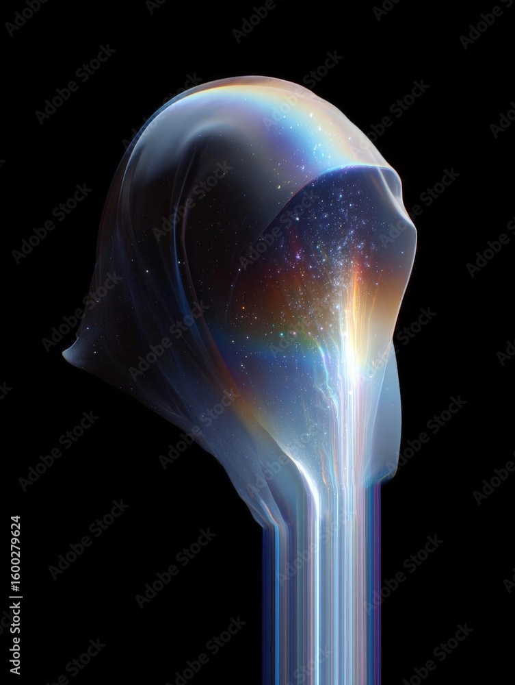 Poster digital art piece that appears to be a 3d rendering of a human head. the head is made up of a transp