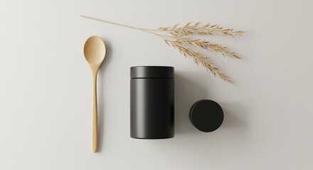Minimalist Still Life Black Jar, Wooden Spoon, and Dried Grass on a Neutral Background