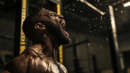 alpha animal lifter roaring with pride, gym walls cracked, hyper detail, beast mode aesthetic