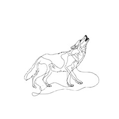 Obraz premium Continuous line drawing of a howling wolf with detailed fur and expressive open mouth on white background
