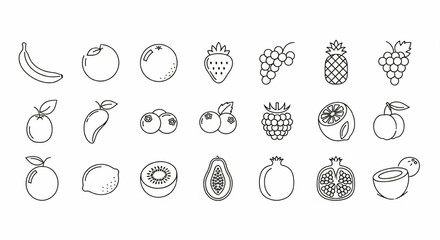 Fruits Line Icon Set – Vector Banana, Orange, Strawberry, Grapes, Pineapple, Mango, Kiwi, Coconut Symbols