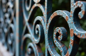 Rusty decorative metal fence with intricate scrollwork and weathered texture