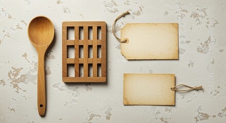 Wooden Kitchen Utensils with Tags on Textured Background Rustic Cooking Scene