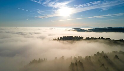 Obraz premium Aerial view of a landscape shrouded in clouds