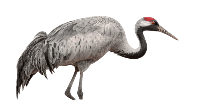 Crane with long neck curved in resting position background isolated on a Transparent background, PNG file.