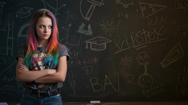 Young rebellious teenage girl with colorful hair and arms crossed standing in front of a chalkboard. Student with punk rock style in a classroom.