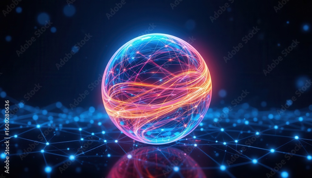 Poster abstract data sphere with interconnected network glowing digital elements
