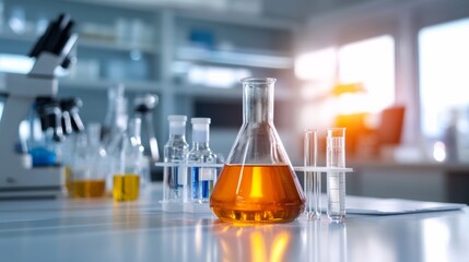 Assorted chemical flasks and containers on clean white laboratory table, clinical lighting
