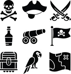 Pirate Life Solid Icons  Classic Black Vector Set of Adventure Symbols