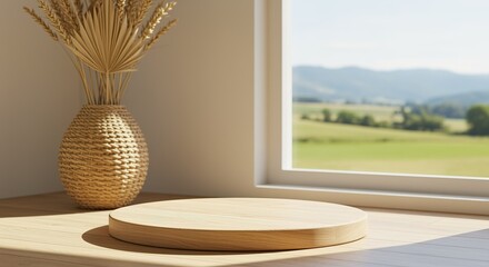 Sunlit Wooden Display Platform with Wheat Decor Near Window with Scenic View