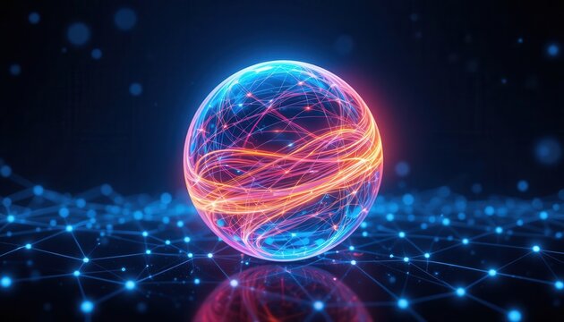 Abstract data sphere with interconnected network glowing digital elements - Powered by Adobe