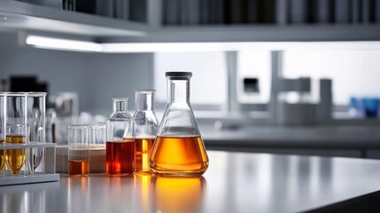 Assorted chemical flasks and containers on clean white laboratory table, clinical lighting