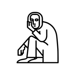 Line art depiction of a person sitting with their hand on their face in a contemplative pose and robe attire