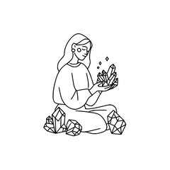 Woman sitting cross legged holding crystals with other crystals around her in a line art drawing