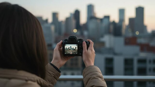 Woman photographing modern city skyline with digital camera at sunset from rooftop — urban photography and creative lifestyle with copy space - Powered by Adobe