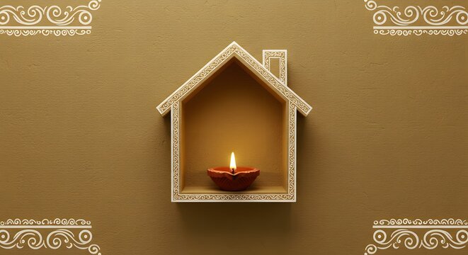 A traditional indian diya oil lamp glows warmly within a decorative houseshaped niche on a brown wall