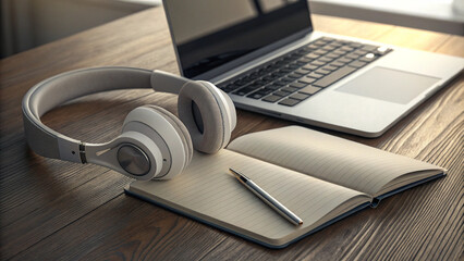 “Photorealistic shot of wireless headphones resting on laptop keyboard beside open notebook and pen on wooden desk—no text.”

