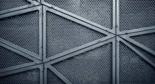 Close up of a metal grid with triangular supports and small circular holes forming the background texture