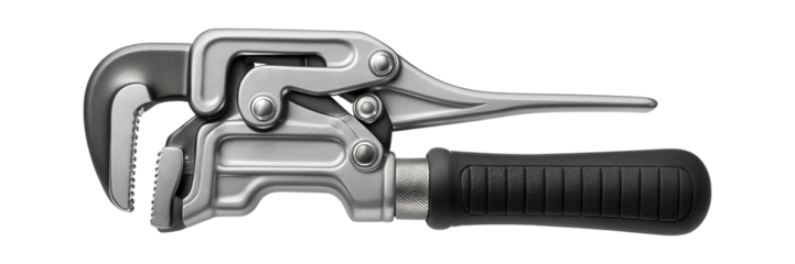 Compound leverage pipe wrench with a dual jaw mechanism for enhanced grip in an automotive repair garage.