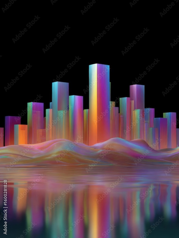 Aufkleber digital art piece that appears to be a cityscape with a black background. the city is made up of mul