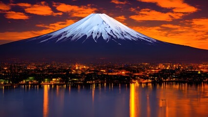 Fototapeta premium A serene Japanese landscape with the snow-capped peak of Mount Fuji at sunset, its reflection visible in a calm lake
