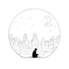 Silhouette of a person gazing at a city skyline under a crescent moon and starry night sky drawing