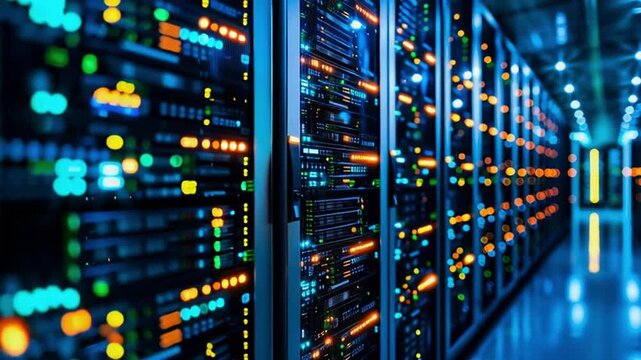 Fly-Through Shot of a Working Data Center Aisle with Server Racks for Cloud Computing and Big Data
