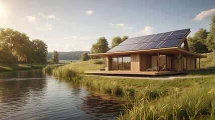 a small modern wooden house with solar panals on roof