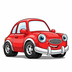 Cartoon car character in red with friendly smile and headlights on white background. Cartoon car looks cheerful and inviting, representing fun transportation.
